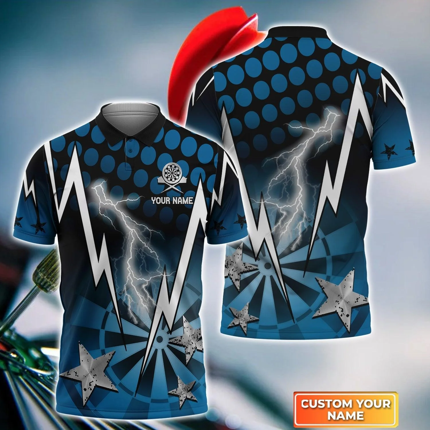 Darts Custom Name Men Polo Shirt, Thunder And Lightning Blue Dartboard Personalized Men Polo Shirt Gift For Darts Lovers, Friend, Team