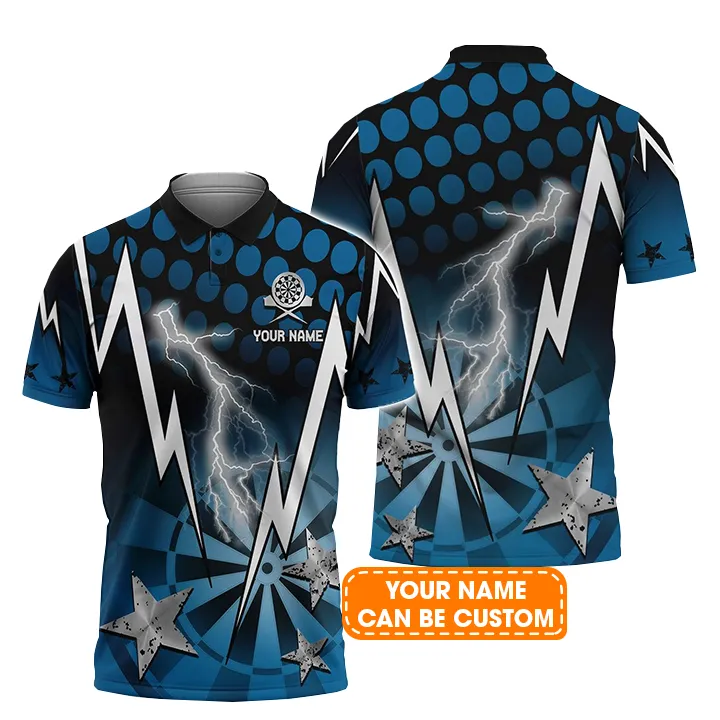Darts Custom Name Men Polo Shirt, Thunder And Lightning Blue Dartboard Personalized Men Polo Shirt Gift For Darts Lovers, Friend, Team - Image 2