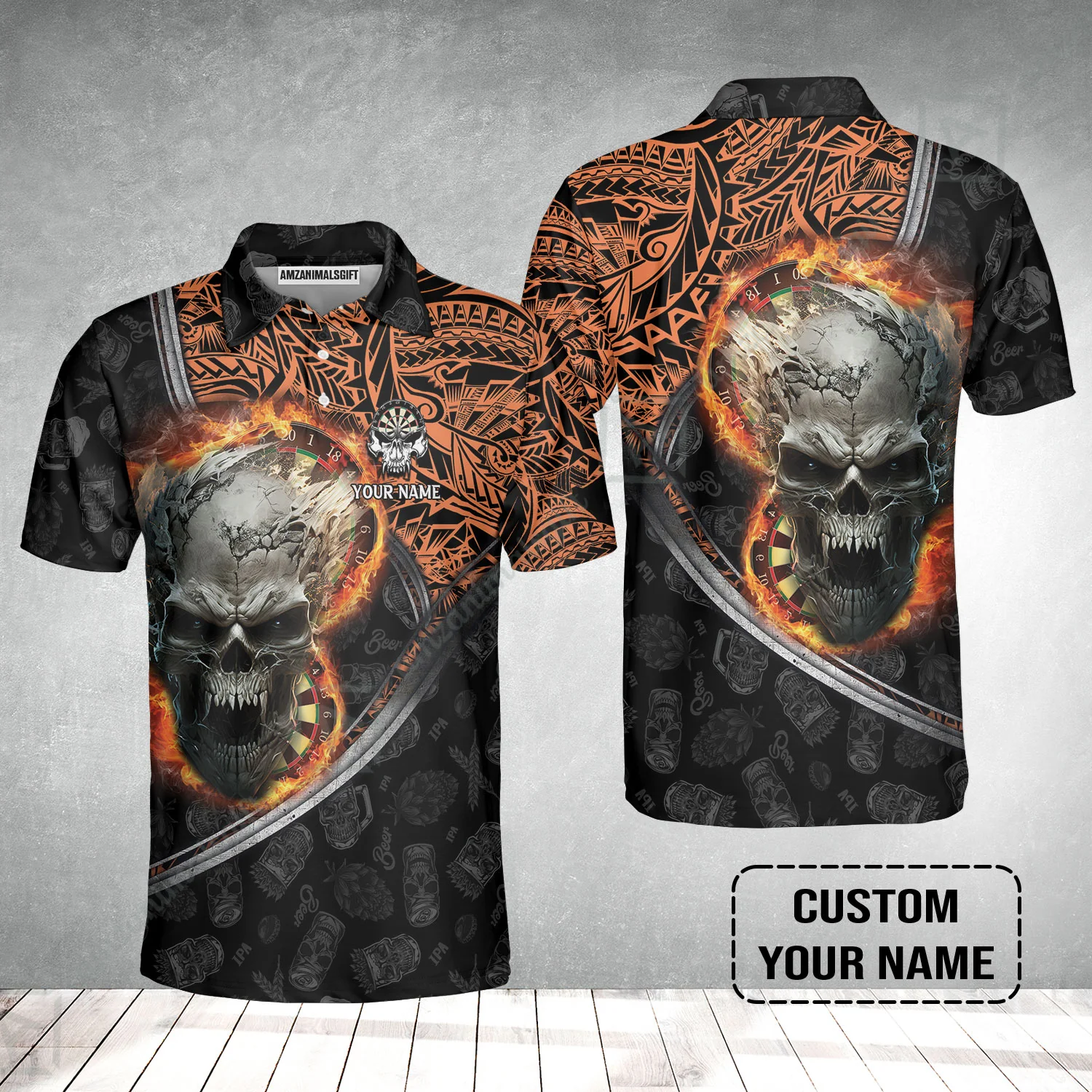 Darts Custom Name Polo Shirt, Skull Maori Tattoo And Darts Custom Name Polo Shirt, Flame Bullseye Dartboard Personalized Polo Shirt - Image 2