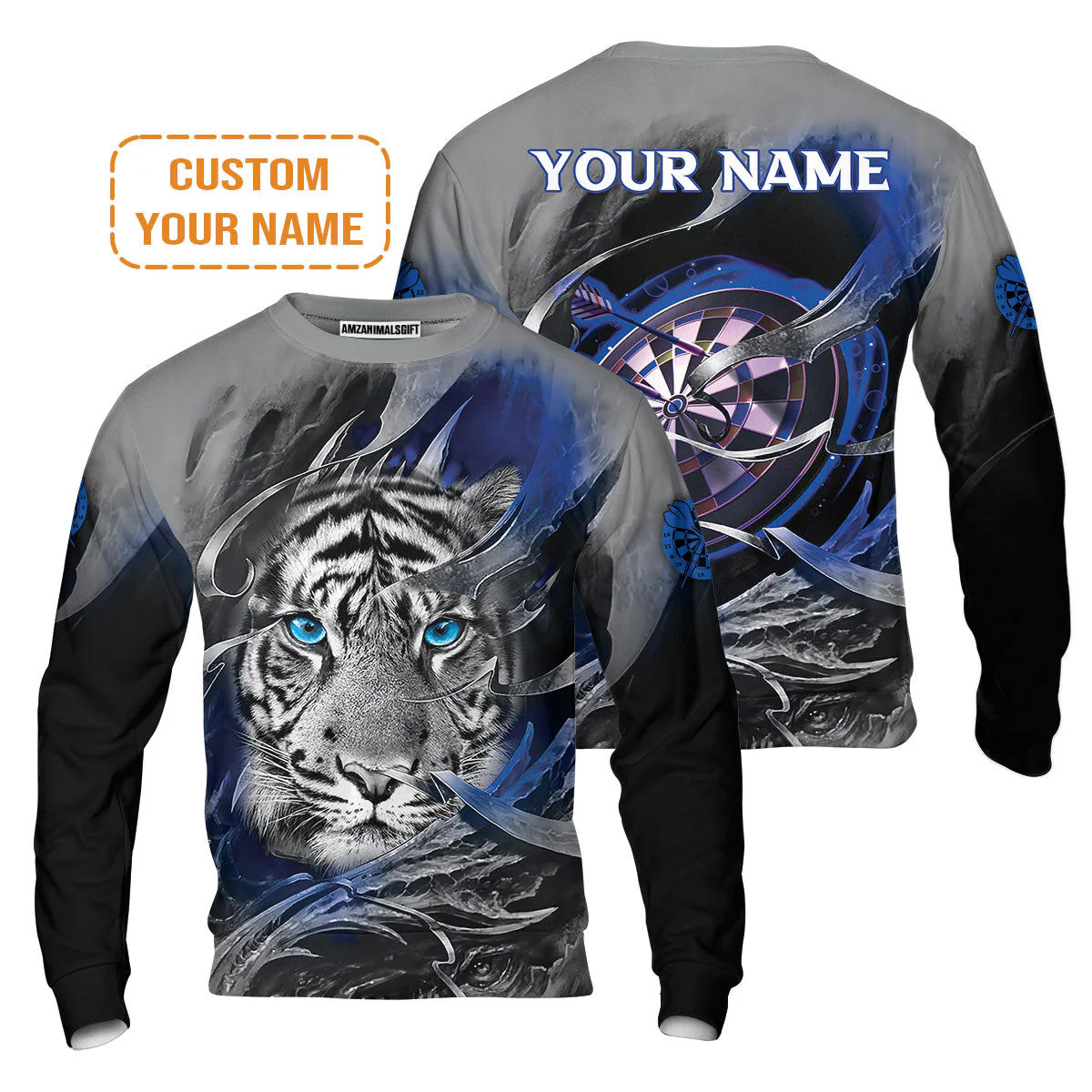 Darts Custom Name Sweatshirt, Blue Bullseye Dartboard Personalized Name Tiger And Darts Sweatshirt - Image 2