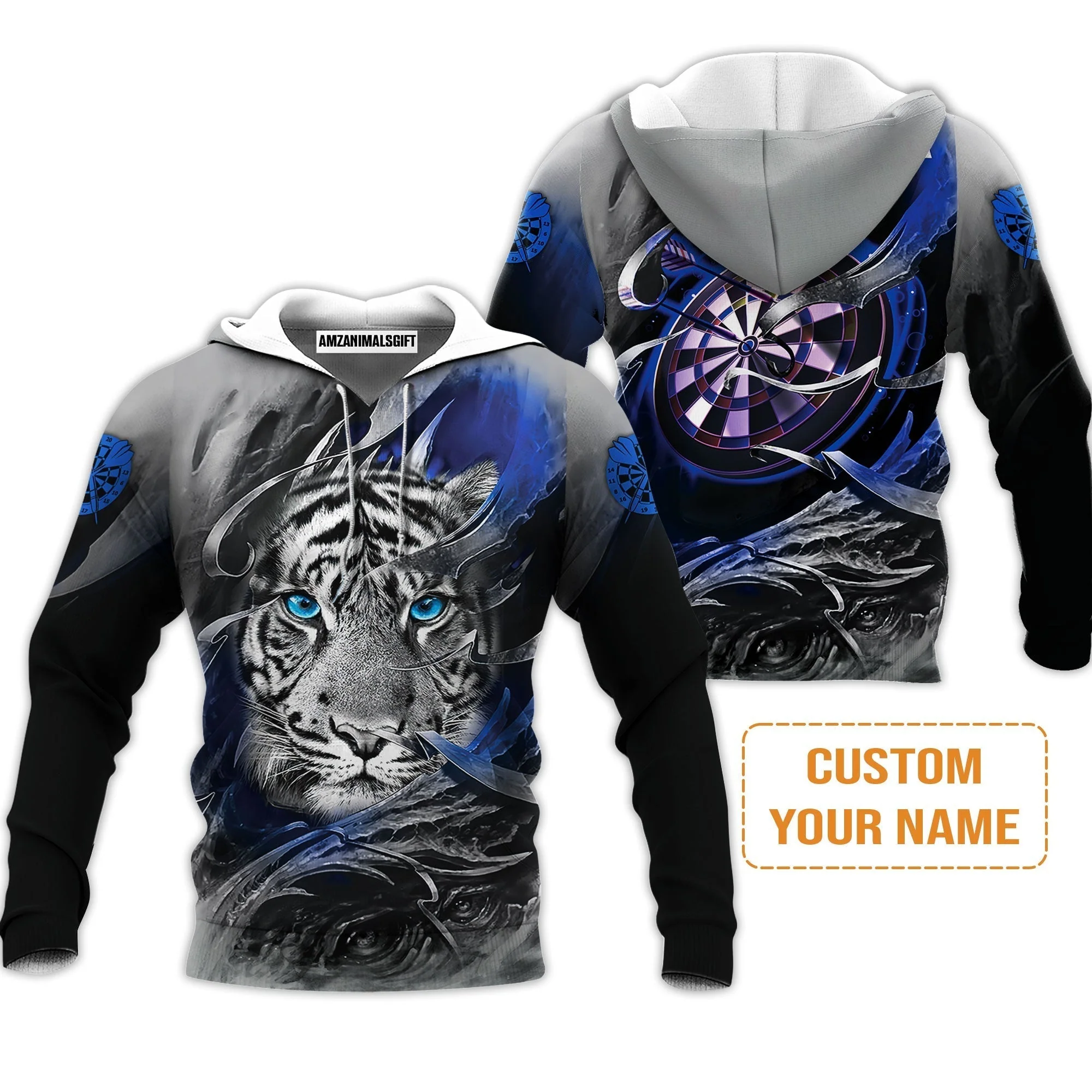 Darts Custom Name Sweatshirt, Blue Bullseye Dartboard Personalized Name Tiger And Darts Sweatshirt - Image 3