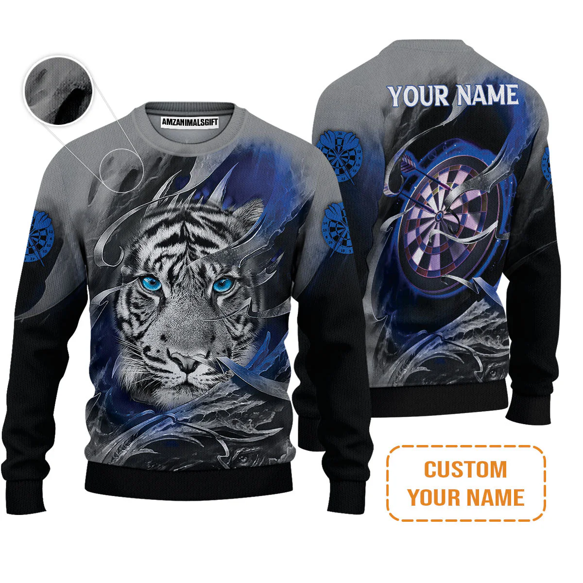 Darts Custom Name Sweatshirt, Blue Bullseye Dartboard Personalized Name Tiger And Darts Sweatshirt - Image 4