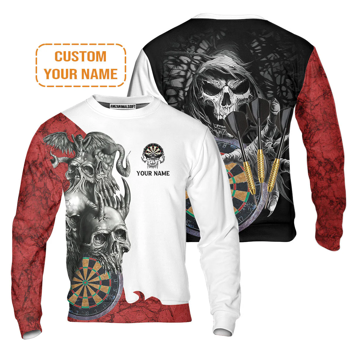 Darts Custom Name Sweatshirt, Dartboard Skull Personalized Sweatshirt - Image 2