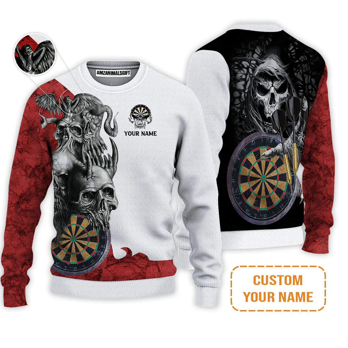 Darts Custom Name Sweatshirt, Dartboard Skull Personalized Sweatshirt - Image 4