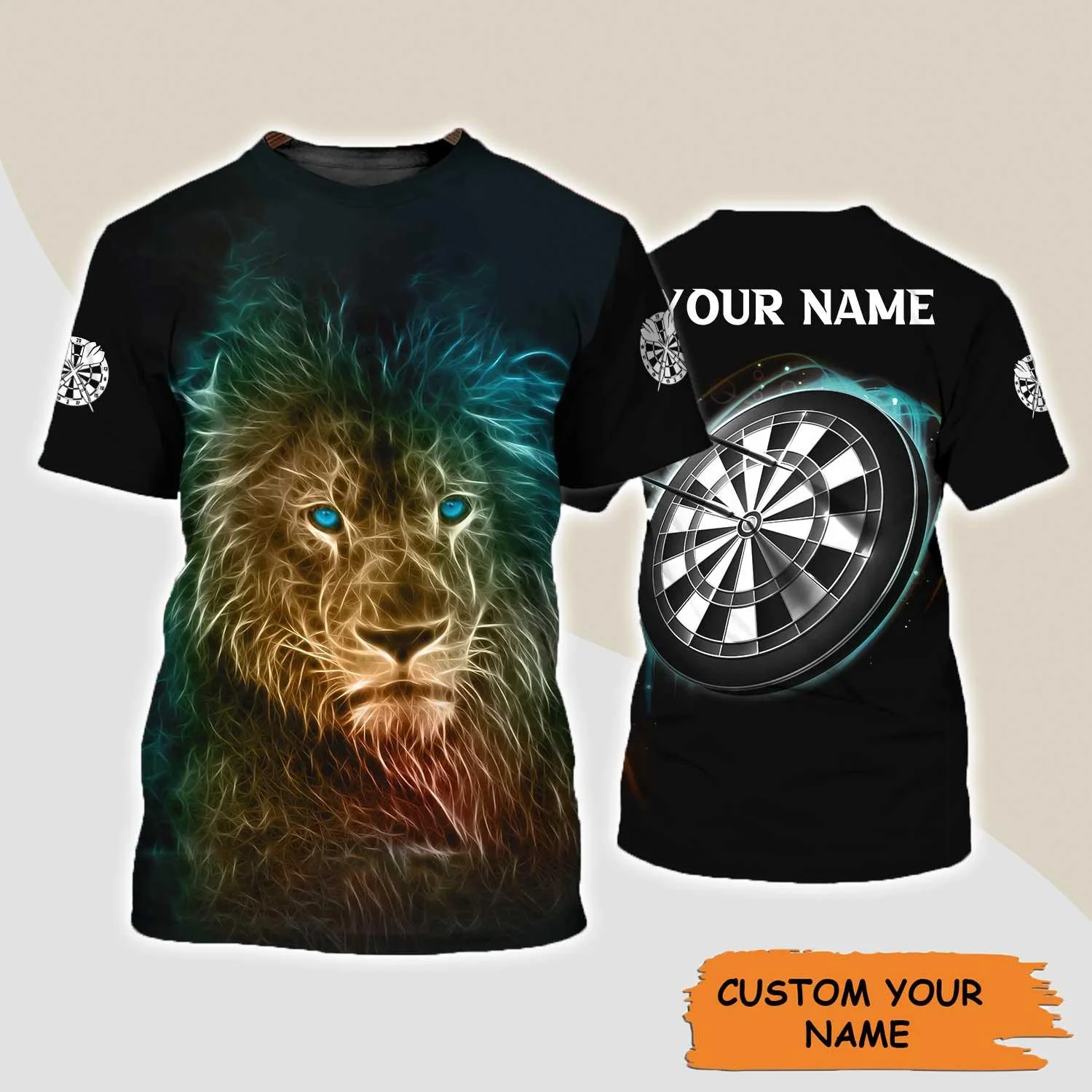 Darts Custom Name T Shirt, Blue Bullseye Dartboard Personalized Name Lion And Darts T-Shirt For Men Women - Gift For Darts Lovers, Dart Team Player