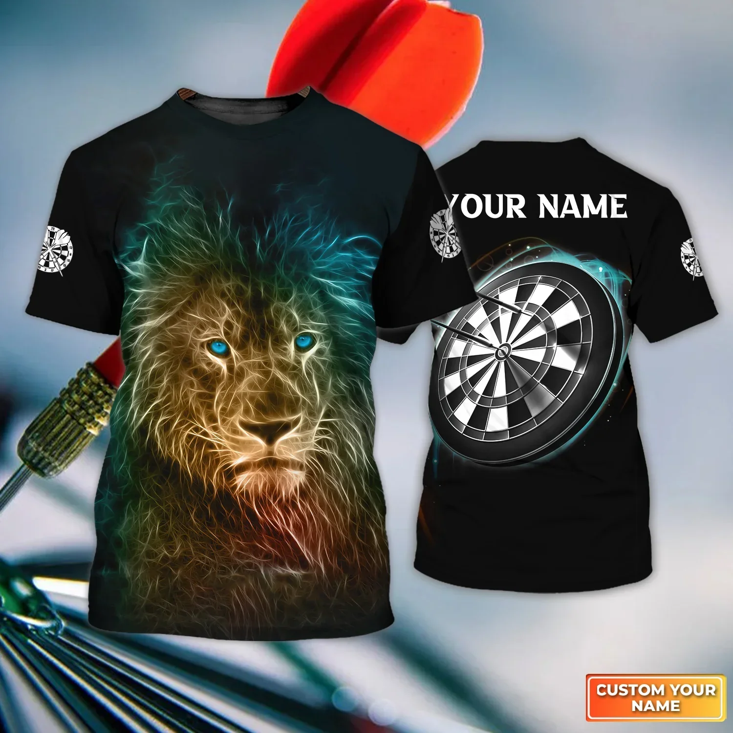 Darts Custom Name T Shirt, Blue Bullseye Dartboard Personalized Name Lion And Darts T-Shirt For Men Women - Gift For Darts Lovers, Dart Team Player - Image 2