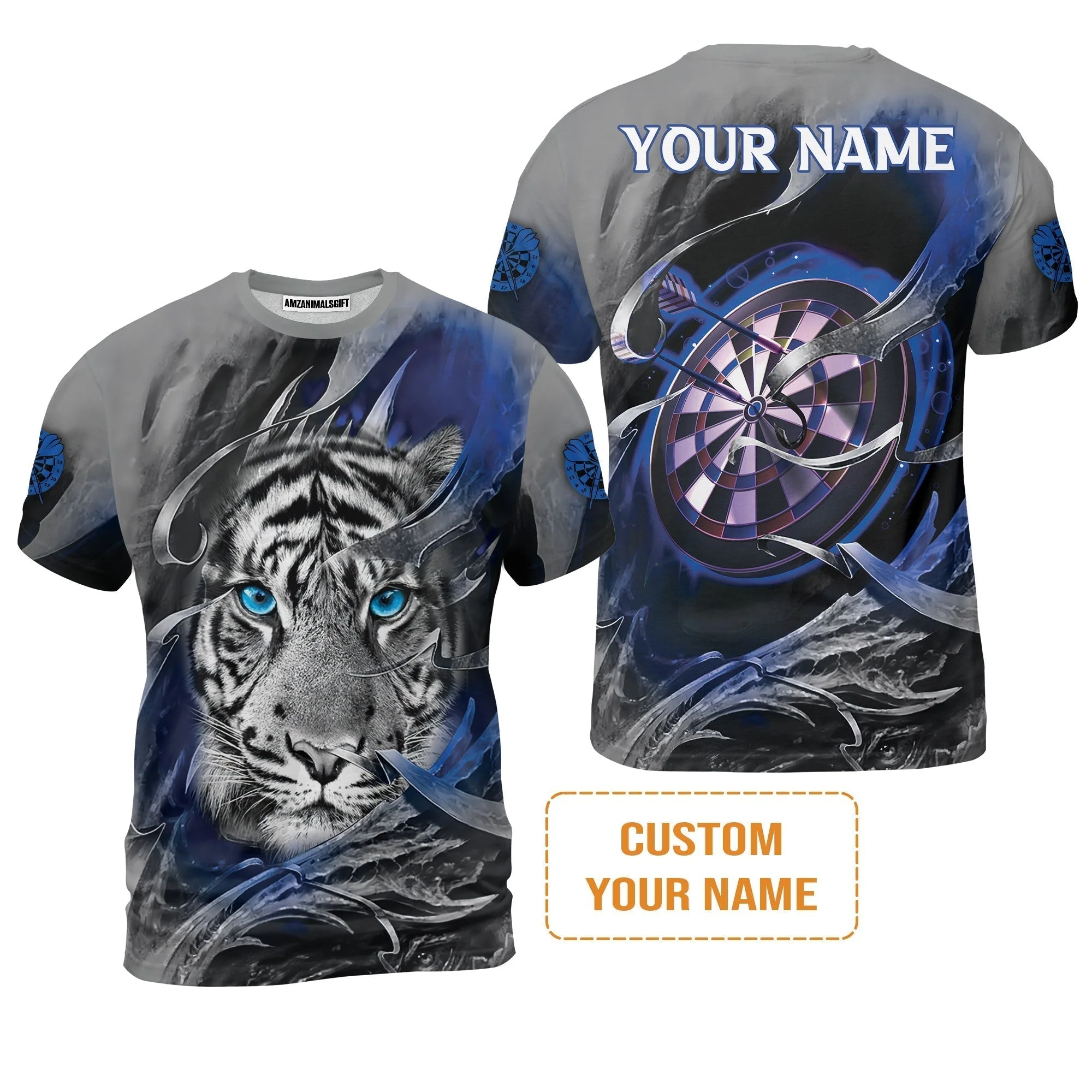 Darts Custom Name T-Shirt, Blue Bullseye Dartboard Personalized Name Tiger And Darts T-Shirt - Image 2