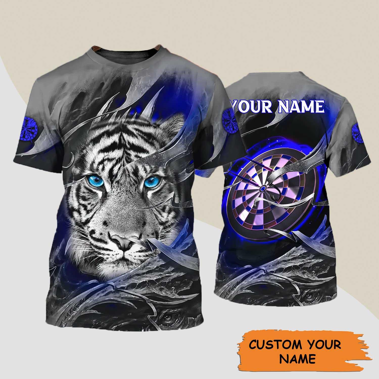 Darts Custom Name T Shirt, Blue Bullseye Dartboard Personalized Name Tiger And Darts T-Shirt For Men Women - Gift For Darts Lovers, Dart Team Player