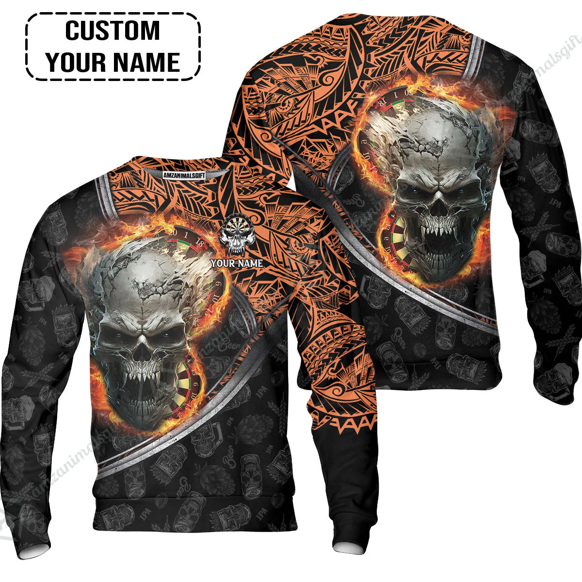 Darts Custom Name T-Shirt, Skull Maori Tattoo And Darts Custom Name T-Shirt, Flame Bullseye Dartboard Personalized T-Shirt - Image 6