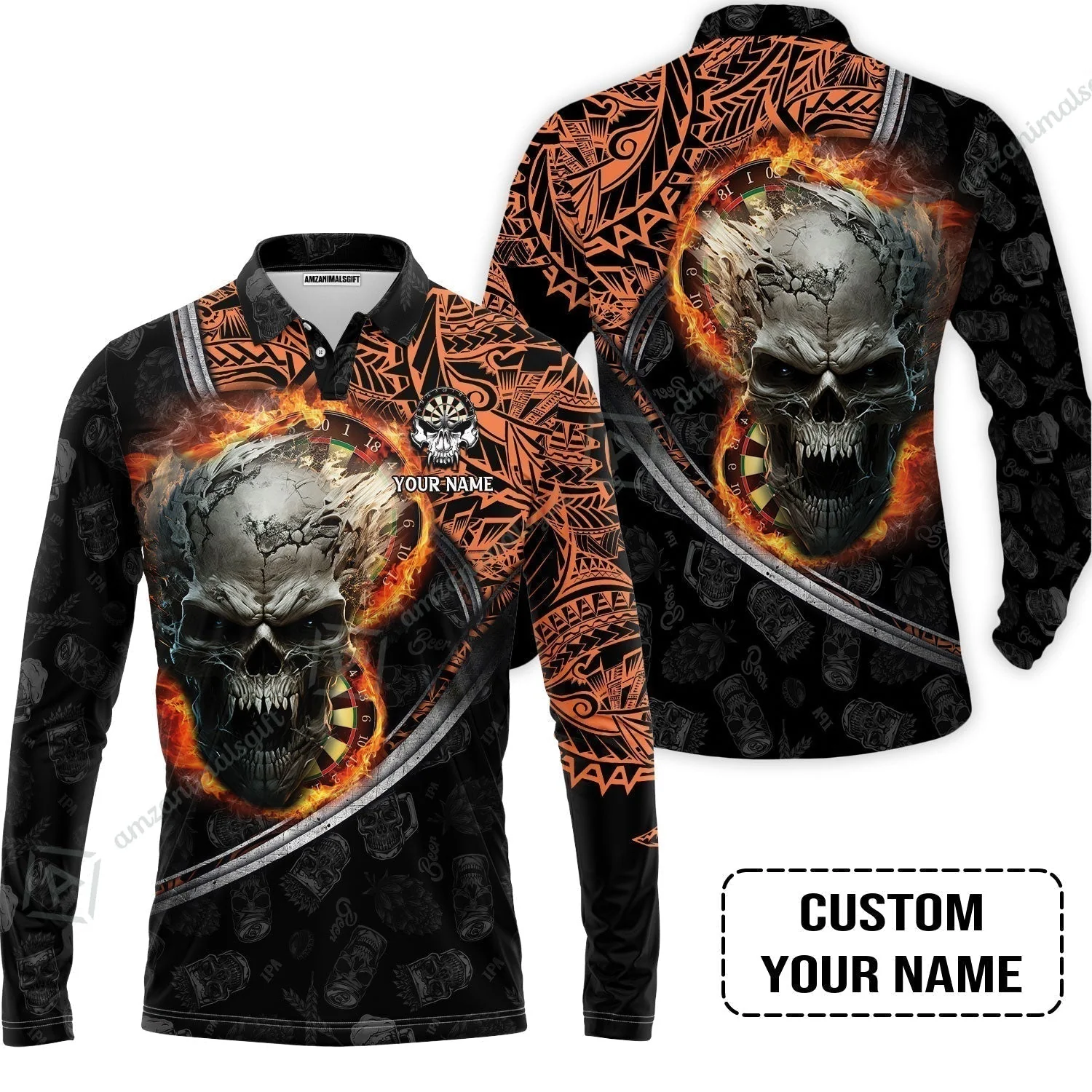Darts Custom Name T-Shirt, Skull Maori Tattoo And Darts Custom Name T-Shirt, Flame Bullseye Dartboard Personalized T-Shirt - Image 8