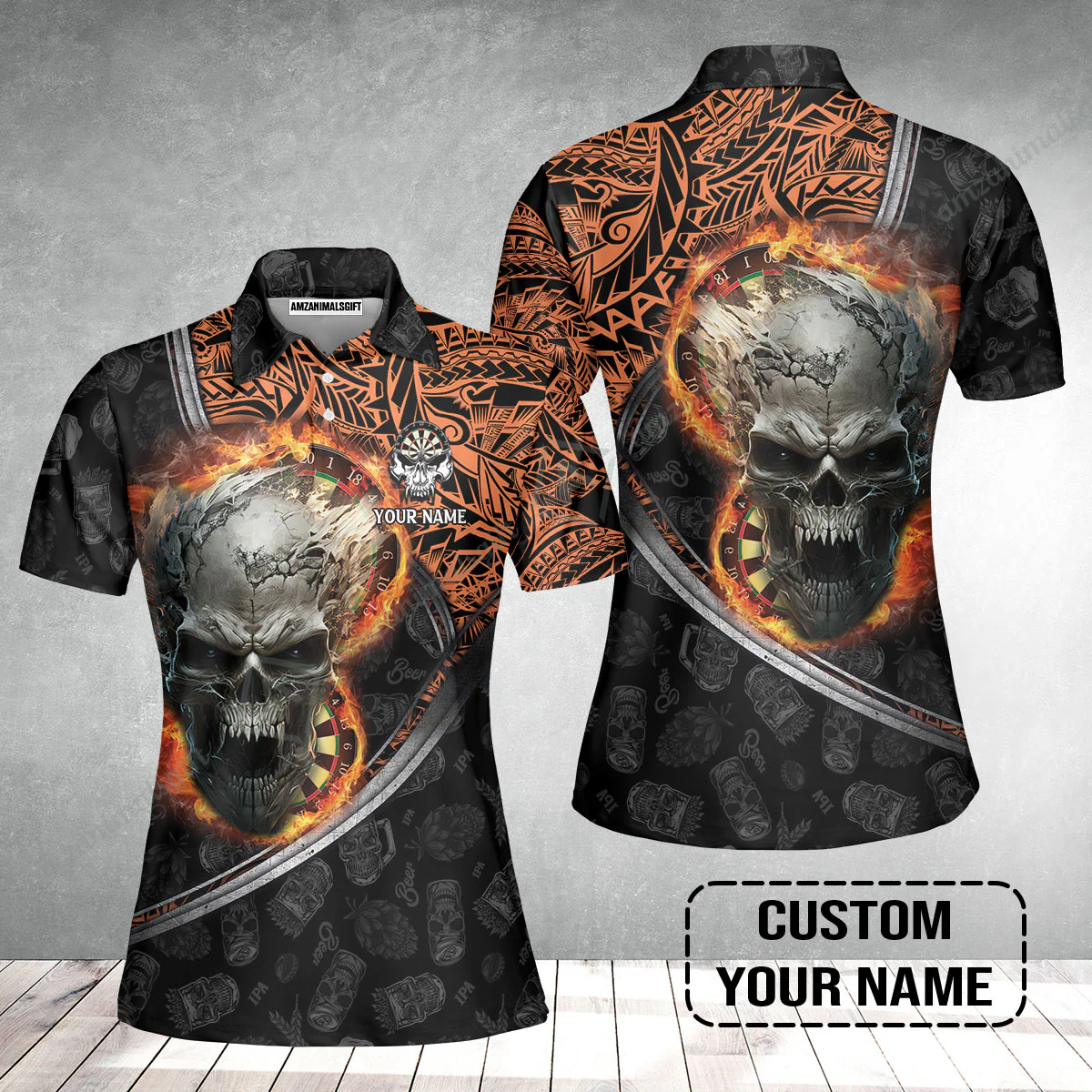 Darts Custom Name Women Polo Shirt, Skull Maori Tattoo And Darts Custom Name Women Polo Shirt, Flame Bullseye Dartboard Personalized Women Polo Shirt - Image 2