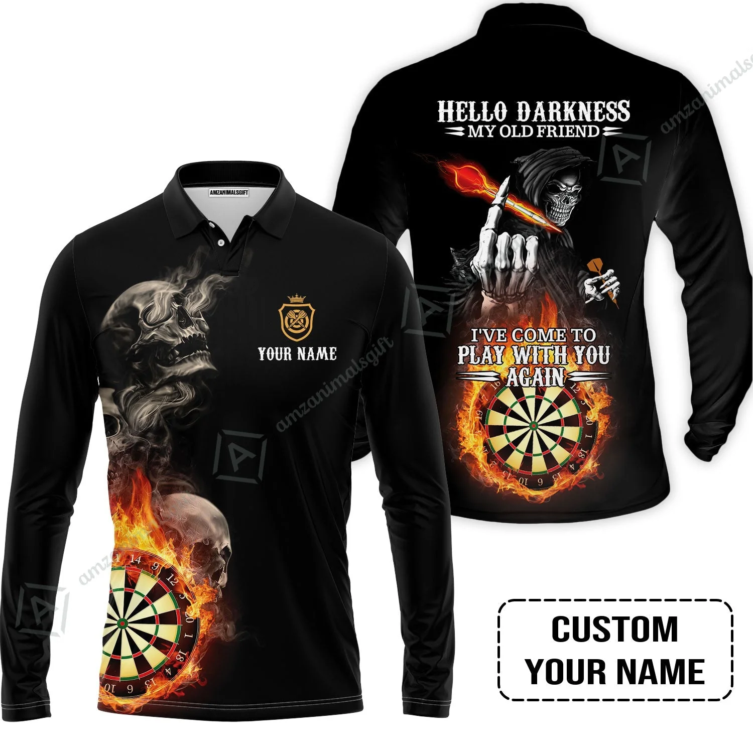 Darts Custom Name Zip Polo Shirt, Skull Personalized Zip Polo Shirt, Hello Darkness My Old Friend I've Come To Play With You Again - Image 3