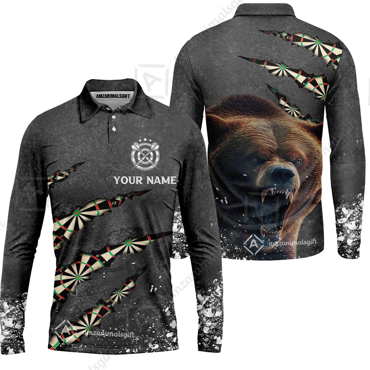 Darts Customized Name Long Sleeve Polo Shirt, Darts Paints Splash, Personalized Name Bear Men's Long Sleeve Polo Shirt - Perfect Gift For Darts Lovers, Darts Players - Image 2
