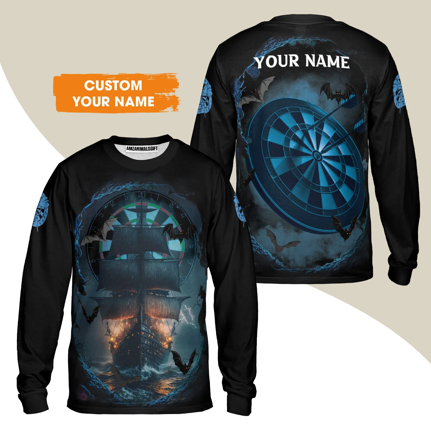 Darts Long Sleeve Shirt Customized Name, Sailboat & Bats Cave With Dartboard Long Sleeve Shirt - Gift For Darts Players, Darts Lovers - Image 2