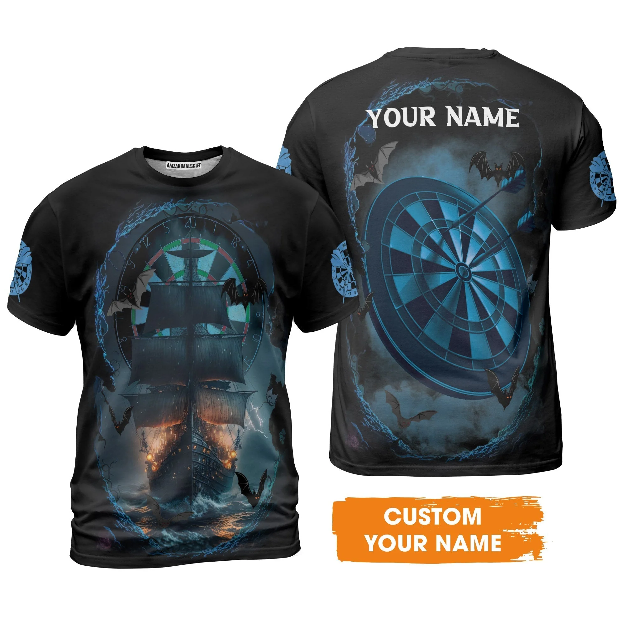 Darts Long Sleeve Shirt Customized Name, Sailboat & Bats Cave With Dartboard Long Sleeve Shirt - Gift For Darts Players, Darts Lovers - Image 3