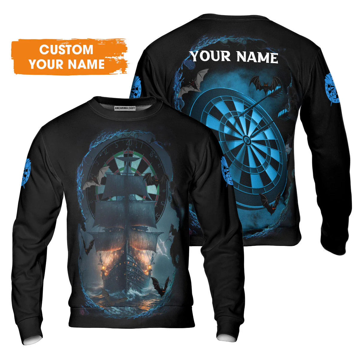 Darts Long Sleeve Shirt Customized Name, Sailboat & Bats Cave With Dartboard Long Sleeve Shirt - Gift For Darts Players, Darts Lovers - Image 7