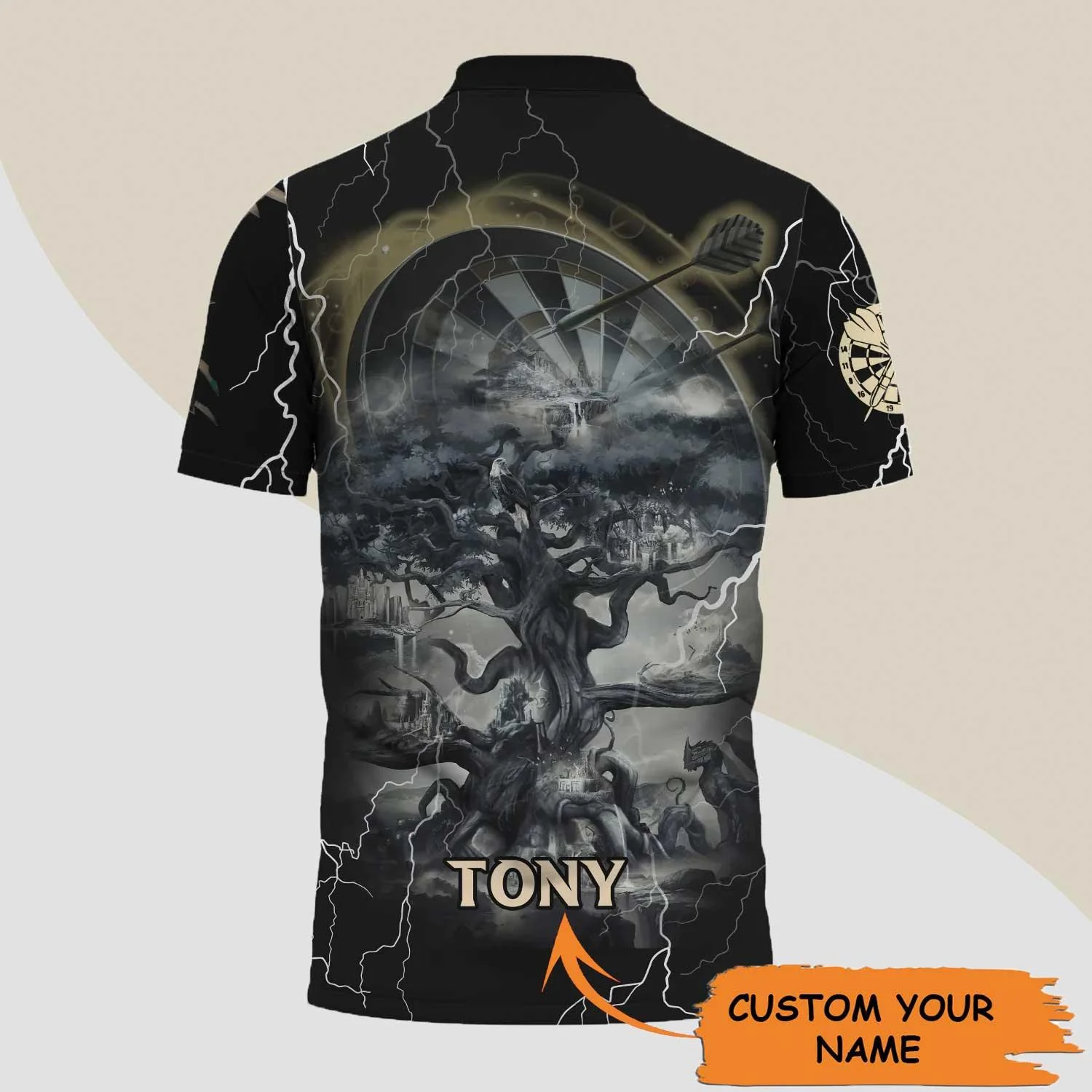 Darts Custom Name Men Polo Shirt, Bullseye Dartboard Thunder Light Personalized Polo Shirts For Men, Apparel Gift For Darts Lover, Darts Team Player