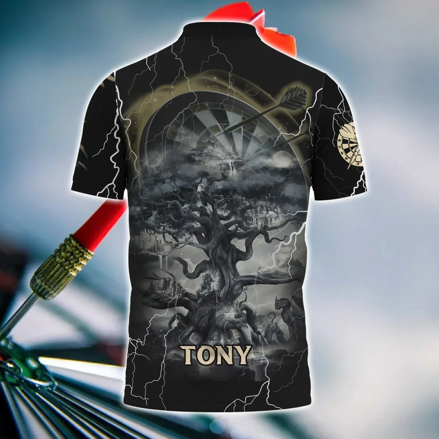 Darts Custom Name Men Polo Shirt, Bullseye Dartboard Thunder Light Personalized Polo Shirts For Men, Apparel Gift For Darts Lover, Darts Team Player - Image 4