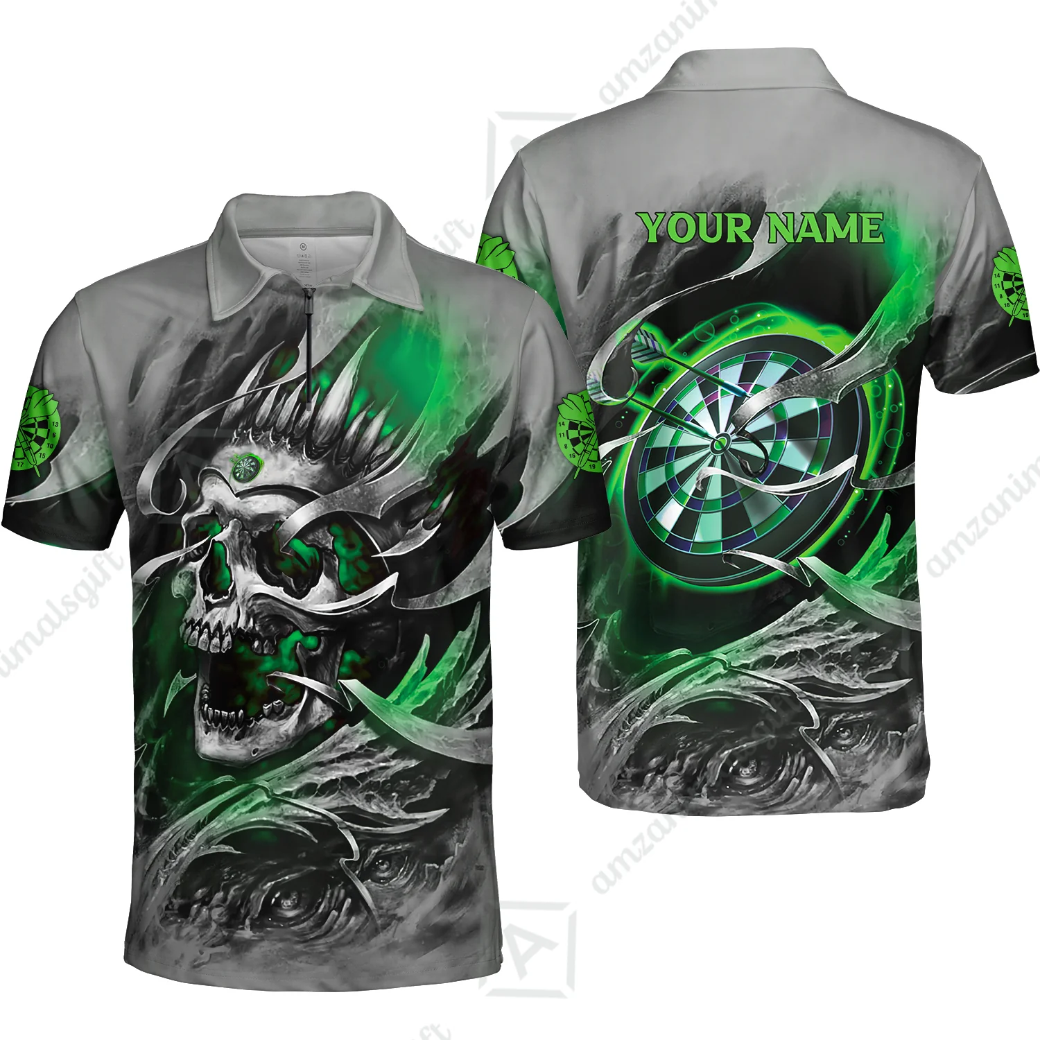 Darts Men Polo Shirt Custom Name - Green Skull Dartboard Personalized Polo Shirt For Men - Gift For Darts Player, Friend, Family - Image 3