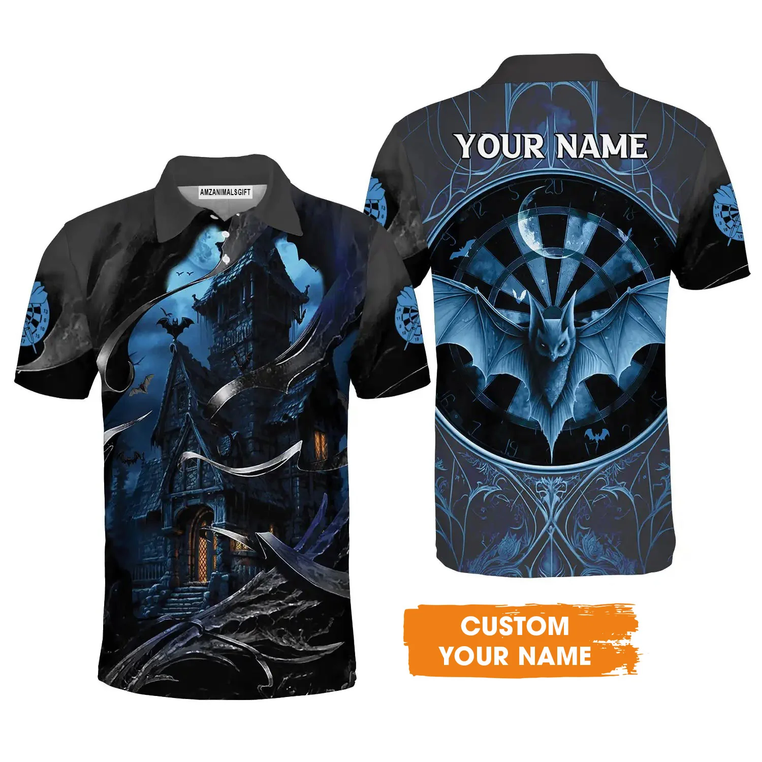 Darts Men Polo Shirt Customized Name, Castle And Bats With Dartboard Polo Shirt - Gift For Darts Players Uniforms, Darts Lovers