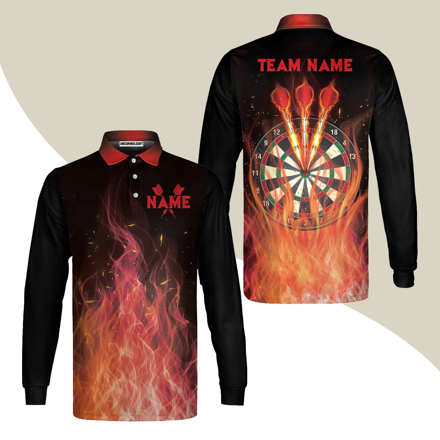 Darts Men's Long Sleeve Polo Shirt Custom Name And Team Name, Darts Flame Player Uniform, Personalized Shirt For Darts Lovers, Darts Players - Image 2