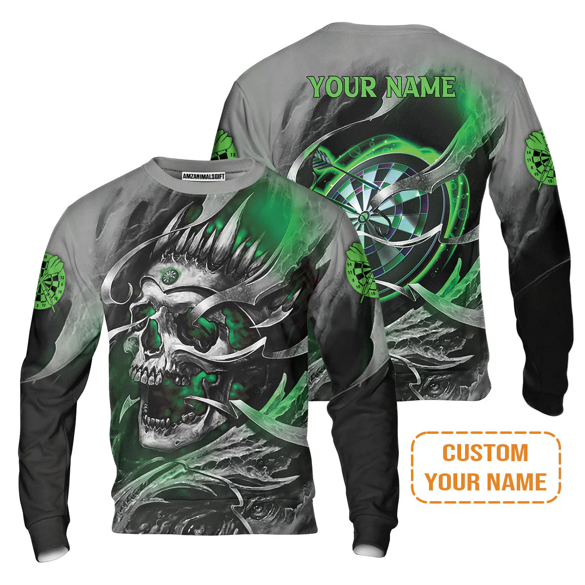 Darts Men's Long Sleeve Polo Shirt Custom Name - Green Skull Dartboard Personalized Long Sleeve Polo Shirt For Men - Image 6