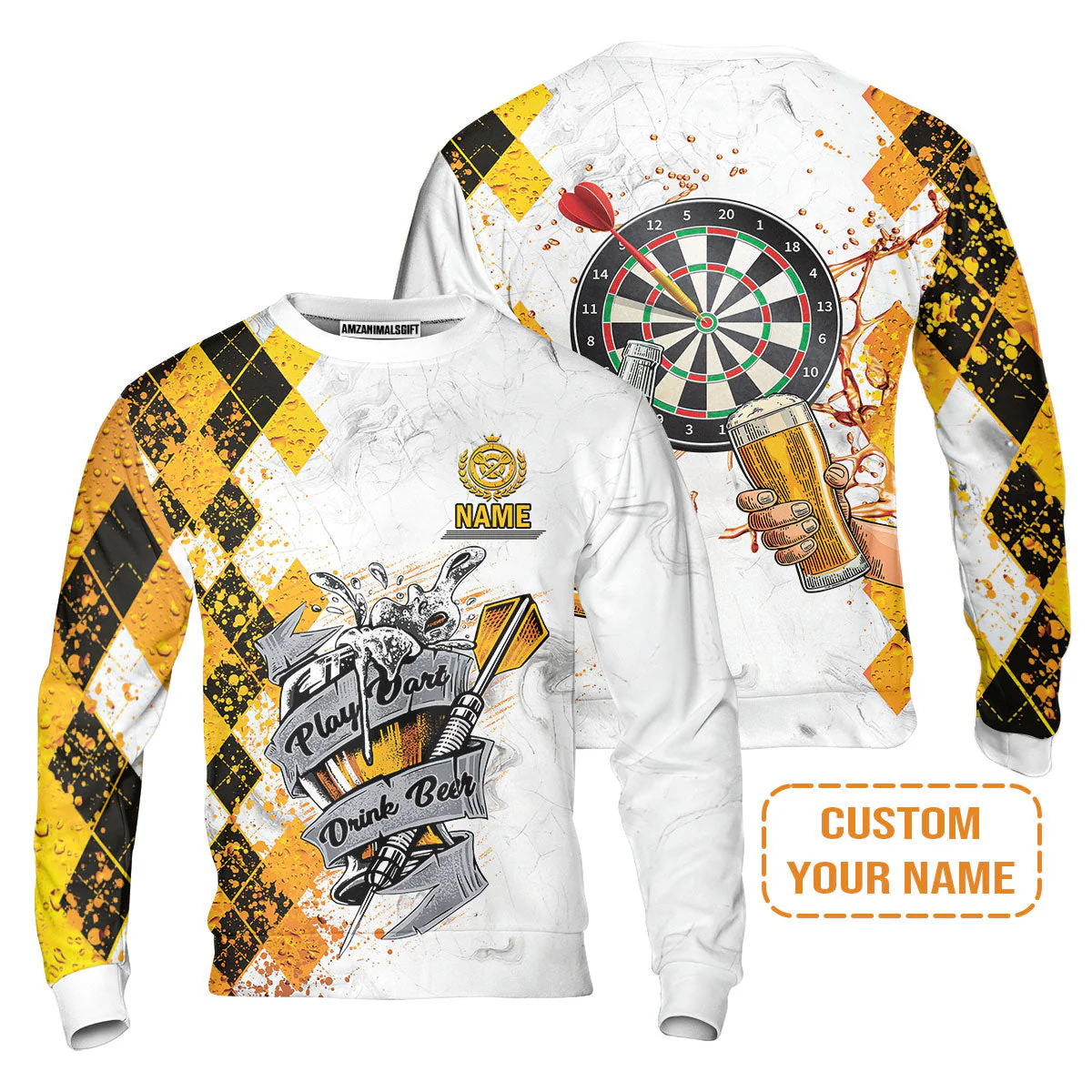 Darts Personalised Sweatshirt, Play Dart Drink Beer Argyle Pattern Custom Name Sweatshirt - Image 2