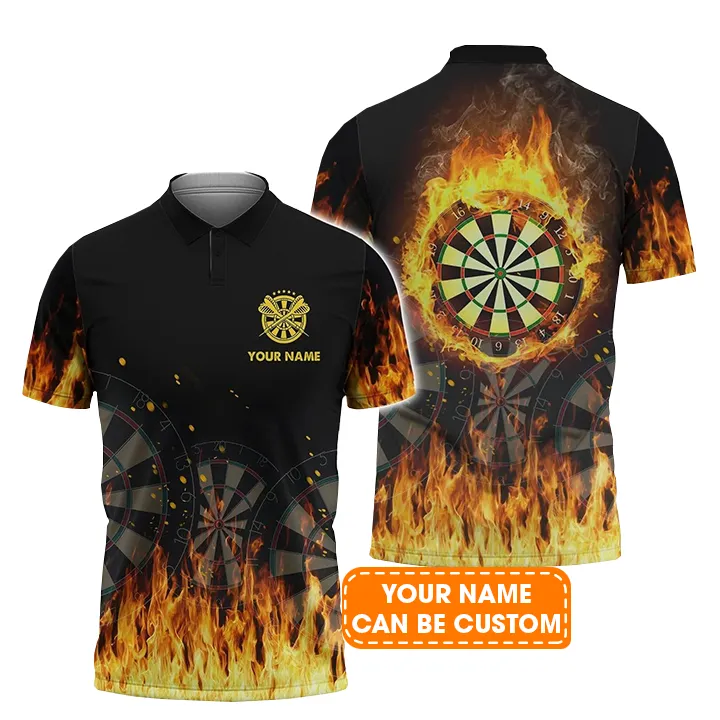 Darts Polo Shirts Personalised, Darts Flame Black Background, Darts On Fire Custom Name Men Polo Shirt - Perfect Gift For Men, Darts Player - Image 2