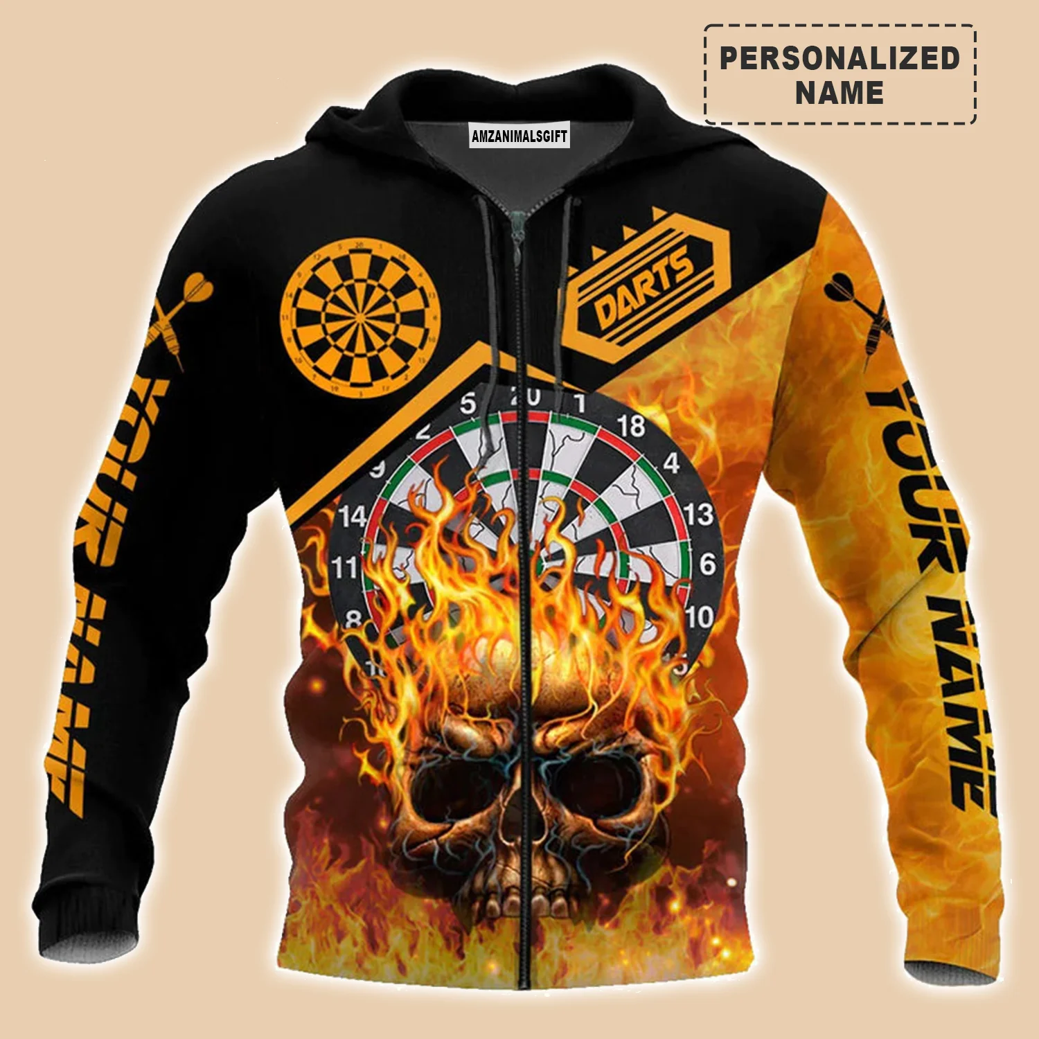 Darts Skull And Fire Premium Hoodie Customized Name Dartboard Fire Pattern, Perfect Outfit For Darts Players Uniforms, Darts Lovers, Team - Image 5