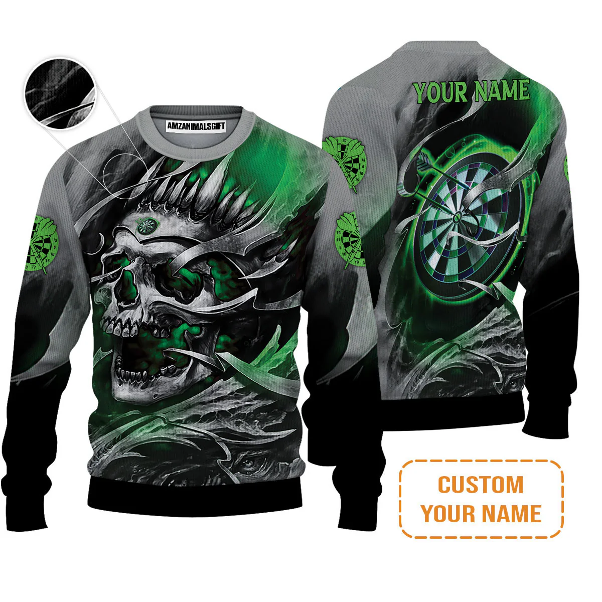 Darts Sweatshirt Custom Name - Green Skull Dartboard Personalized Sweatshirt For Men - Image 4
