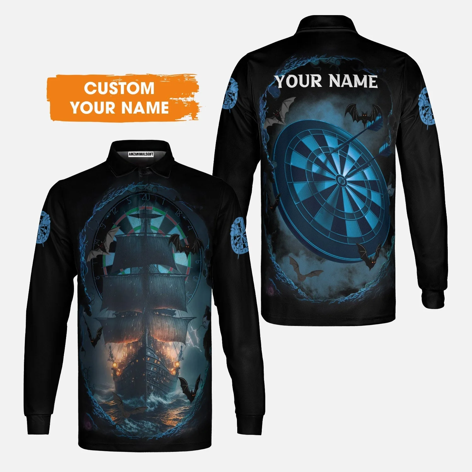 Darts T-Shirt Customized Name, Sailboat & Bats Cave With Dartboard T-Shirt - Gift For Darts Players, Darts Lovers - Image 3