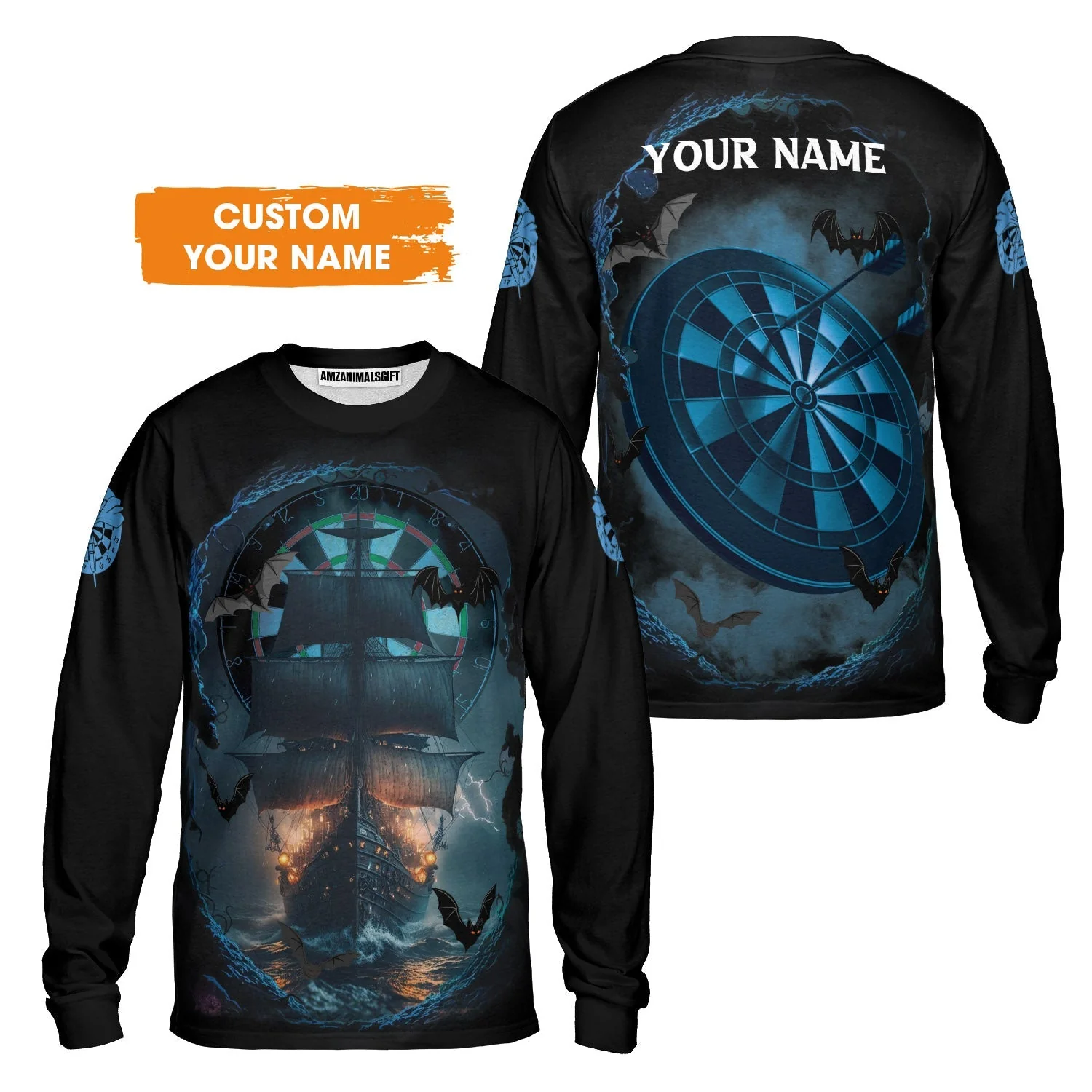 Darts T-Shirt Customized Name, Sailboat & Bats Cave With Dartboard T-Shirt - Gift For Darts Players, Darts Lovers - Image 6