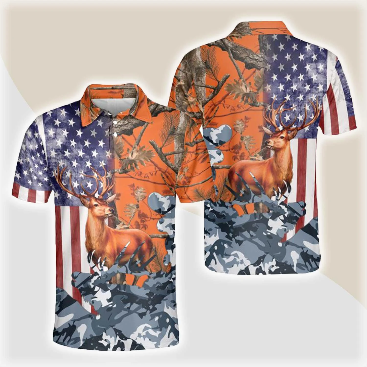 Deer Hunting Men Polo Shirts, American Flag Polo Golf Shirts, Camo Pattern Blue Orange Polo Shirt For Men