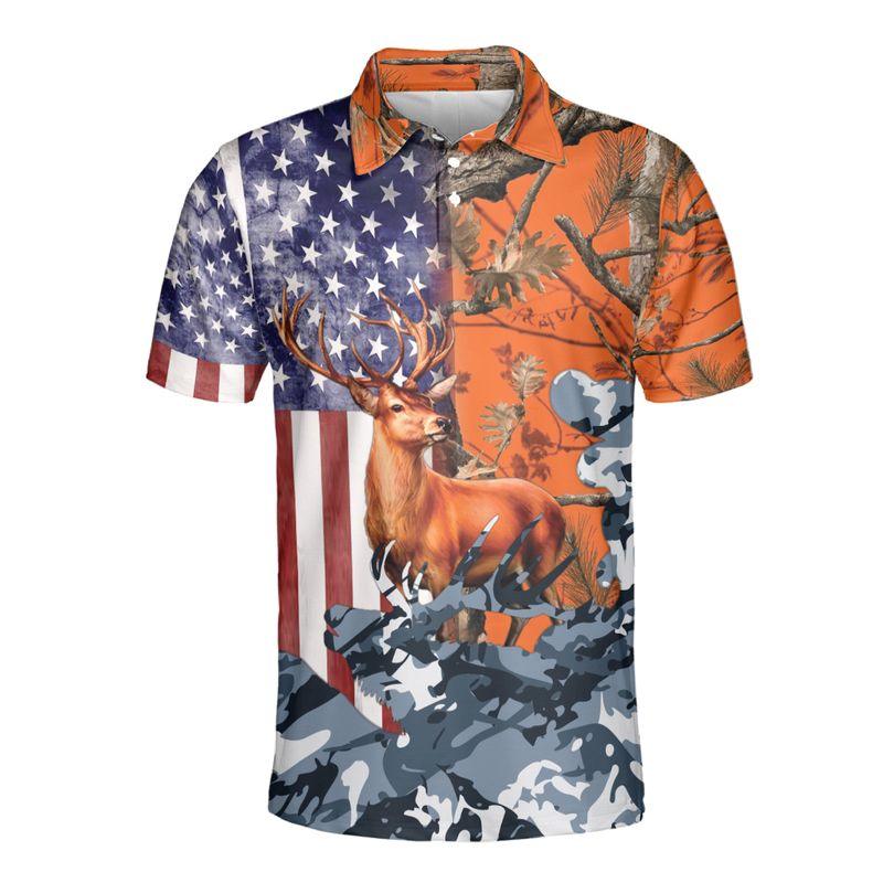Deer Hunting Men Polo Shirts, American Flag Polo Golf Shirts, Camo Pattern Blue Orange Polo Shirt For Men - Image 3