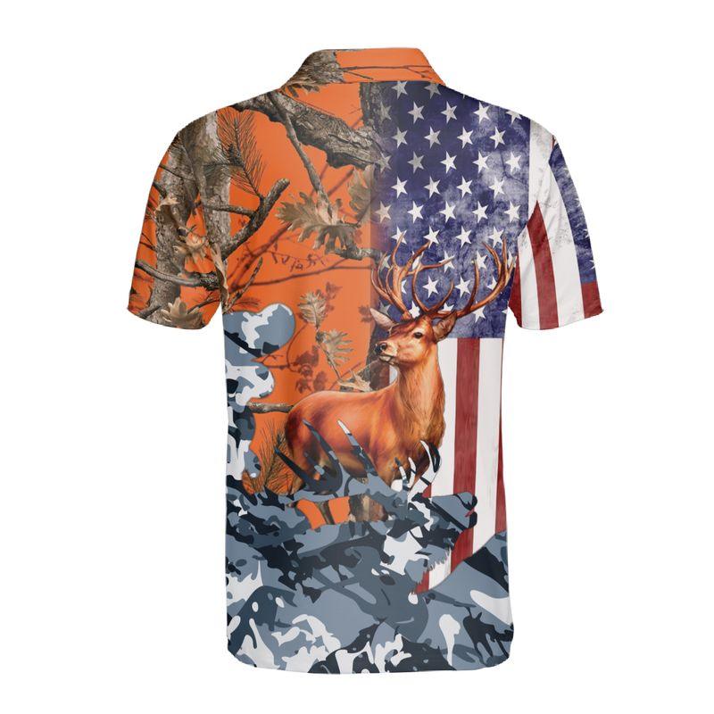 Deer Hunting Men Polo Shirts, American Flag Polo Golf Shirts, Camo Pattern Blue Orange Polo Shirt For Men - Image 4