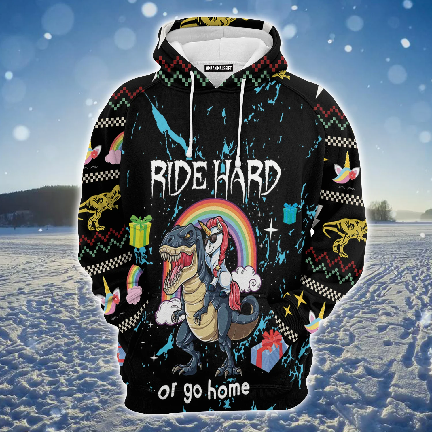 Dinosaur Unicorn Ride Hard Premium Christmas Hoodie, Christmas Gifts Unisex Hoodie For Men & Women - Perfect Gift For Christmas, Friends, Family - Image 2