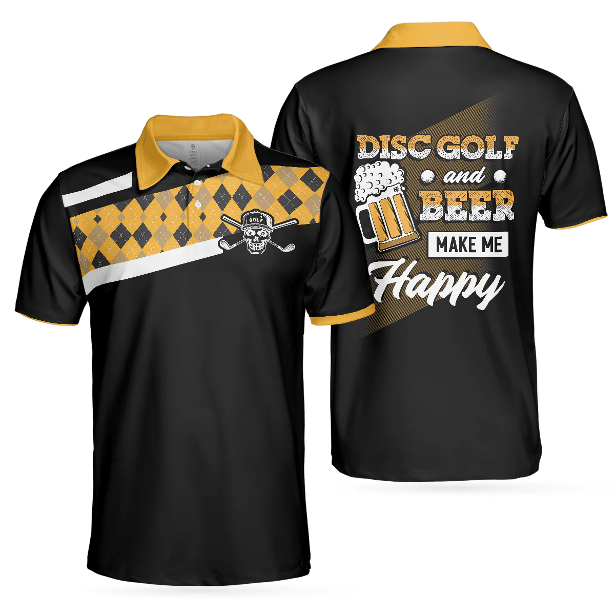 Disc Golf & Beer Make Me Happy Polo Shirt, Yellow Plaid Pattern Disc Golf Shirt, Funny Disc Golf Shirt With Sayings, Golf Gift For Men, Golfers
