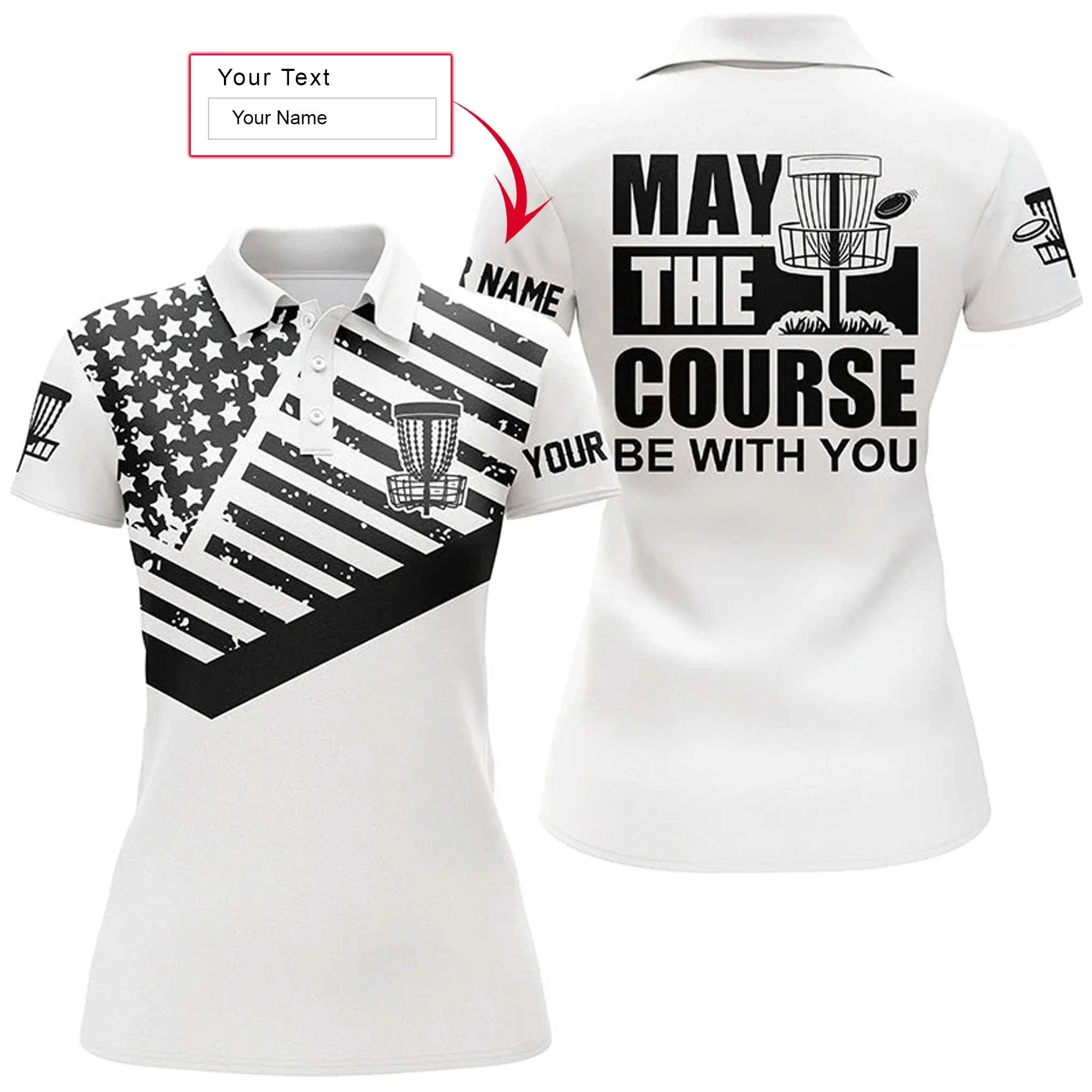 Disc Golf Custom Name Women Polo Shirt, Black White American Flag Personalized Women Polo Shirts, Gift For Disc Golf Lover, May The Course Be With You