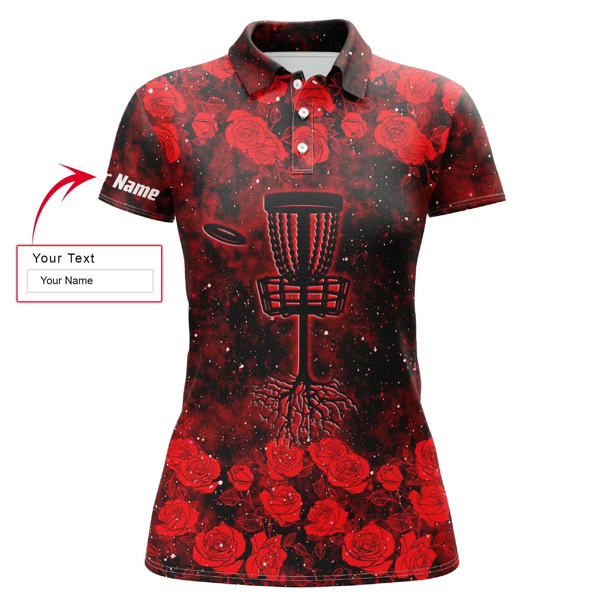 Disc Golf Custom Name Women Polo Shirt, Red Roses Pattern Disc Golf Basket Personalized Women Polo Shirts, Gift For Ladies, Disc Golf Lovers
