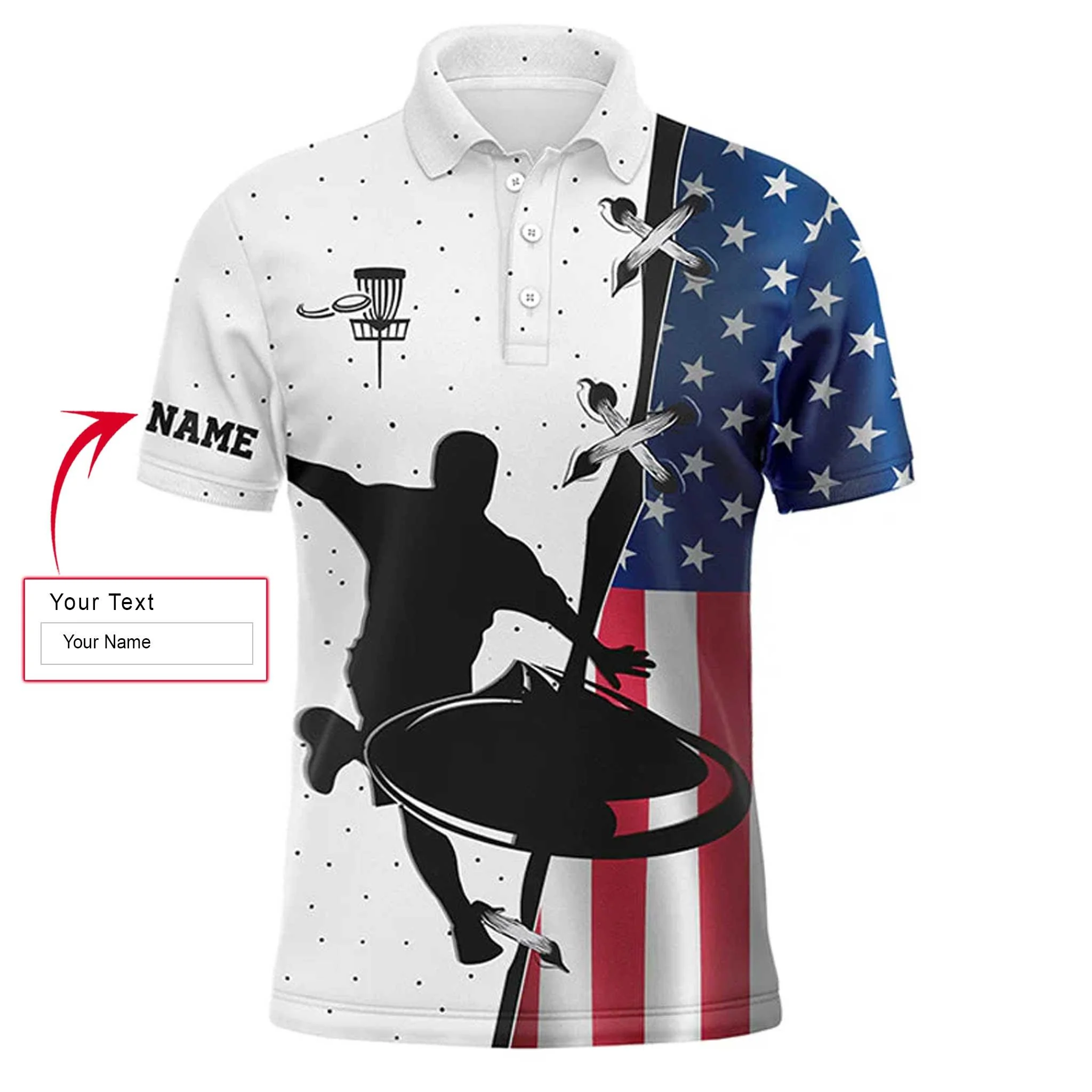 Disc Golf Men Polo Shirt - Custom Name American Flag Apparel - Personalized Gift For Disc Golf Lover, Men, Husband, Team, Patriot, Independence Day