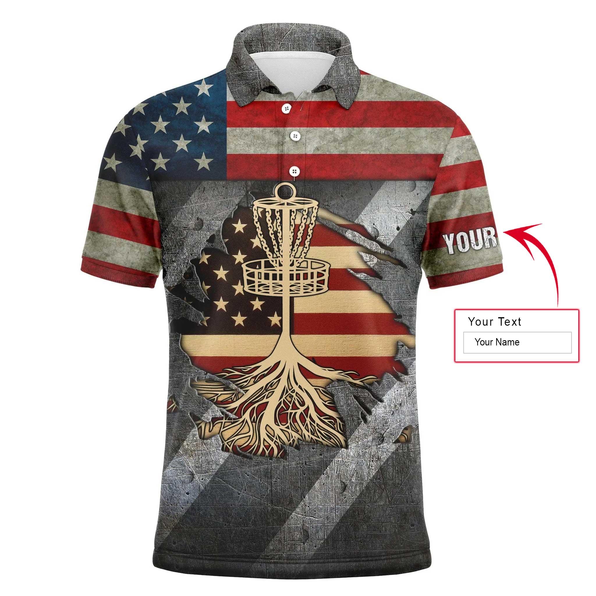 Disc Golf Men Polo Shirt - Custom Name American Flag Disc Golf Basket Apparel - Personalized Sports Gift For Golf Lover, Male, Husband, Boyfriend