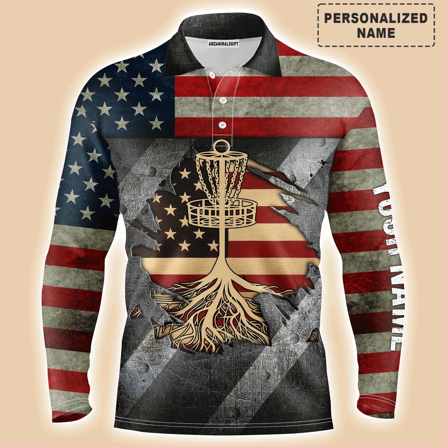 Disc Golf Men Polo Shirt - Custom Name American Flag Disc Golf Basket Apparel - Personalized Sports Gift For Golf Lover, Male, Husband, Boyfriend - Image 3