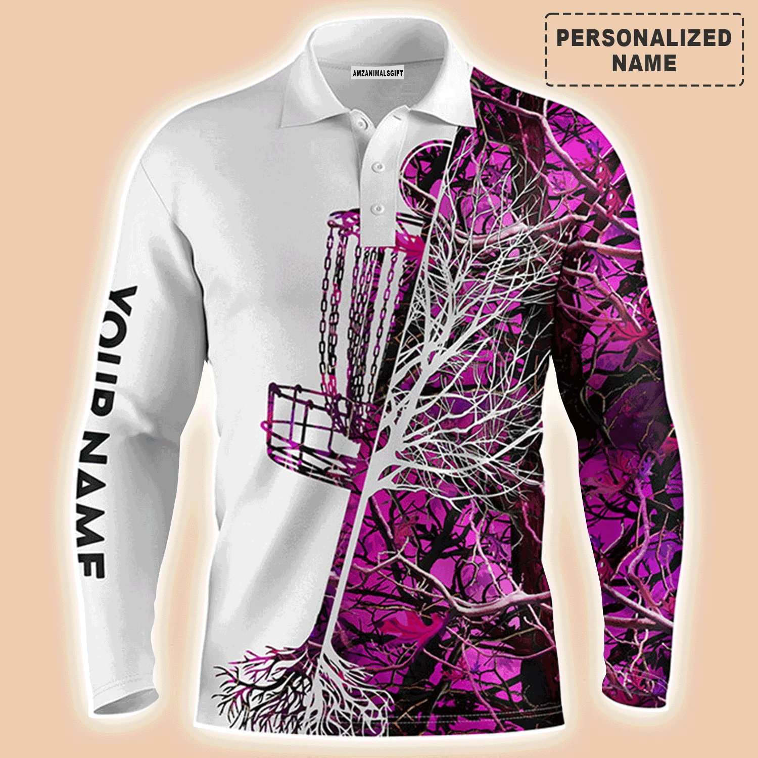 Disc Golf Men Polo Shirt, Custom Name Pink Camo Disc Golf Basket Apparel Men Polo Shirt - Personalized Sports Gift For Men, Husband, Golf Lover - Image 9