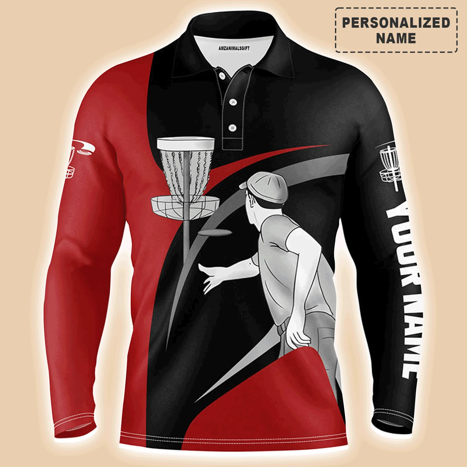 Custom Disc Golf Men Polo Shirt - Custom Name Red And Black Disc Golf Apparel - Personalized Gift For Disc Golf Lover, Male, Husband, Team - Image 3