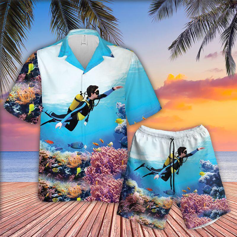 Diving Aloha Hawaiian Shirts For Summer, Underwater Coral Reef Hawaiian Set Holiday Outfit For Men Women, Gift For Friend, Diving Lovers, Team, Family