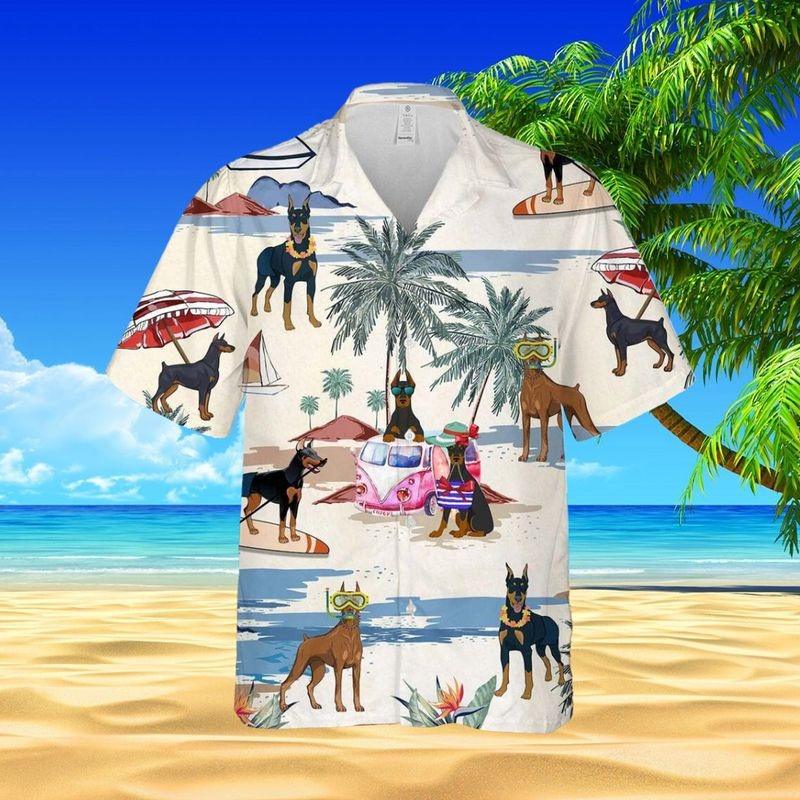 Doberman Pinscher Aloha Hawaiian Shirt - Doberman Pinscher In Beach Hawaiian Shirt, Tropical Leaves Hawaiian Shirt For Men & Women, Doberman Pinscher Lover