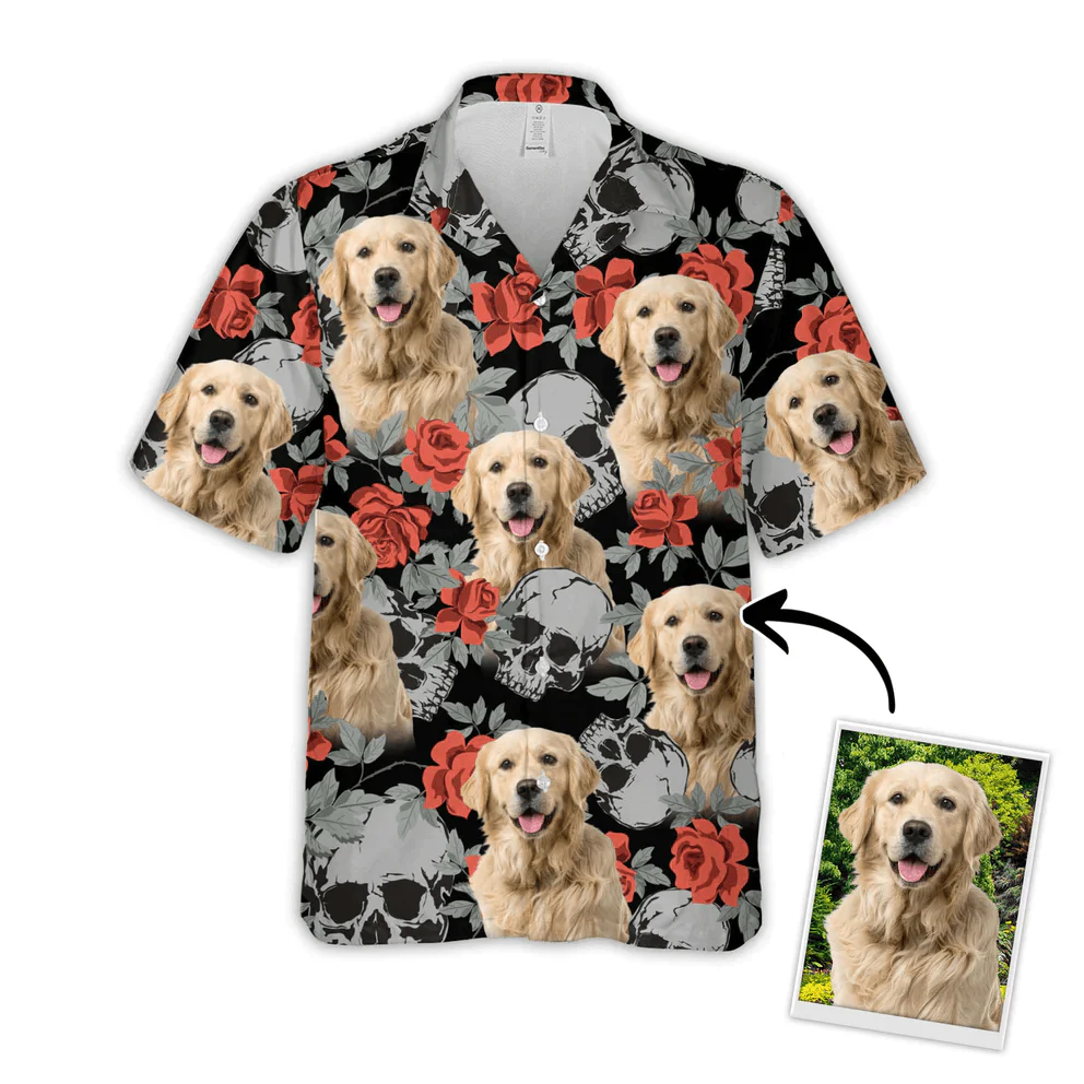Dog Custom Hawaiian Shirt - Custom Photo Pet Grunge Human Skulls And Roses Pattern Personalized Hawaiian Shirt - Perfect Gift For Dog Lovers, Friend, Family