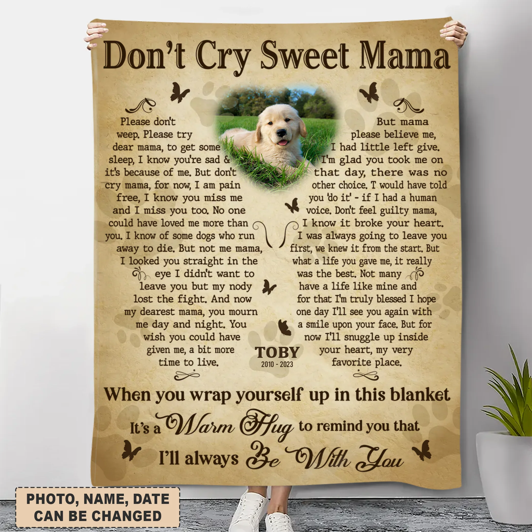Dog Memorial Blanket With Custom Name Photo Butterfly Pattern Poem Don't Cry Sweet Mama, Remembrance Sympathy Gifts For Loss Of Dog
