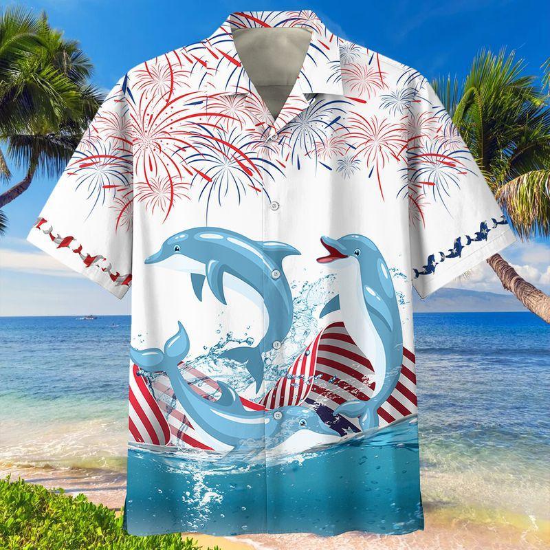 Dolphin Independence Day Aloha Hawaiian Shirts For Men Women, 4th July American Flag Firework Hawaiian Shirt, Gift For Summer, Friend, Family, Patriot