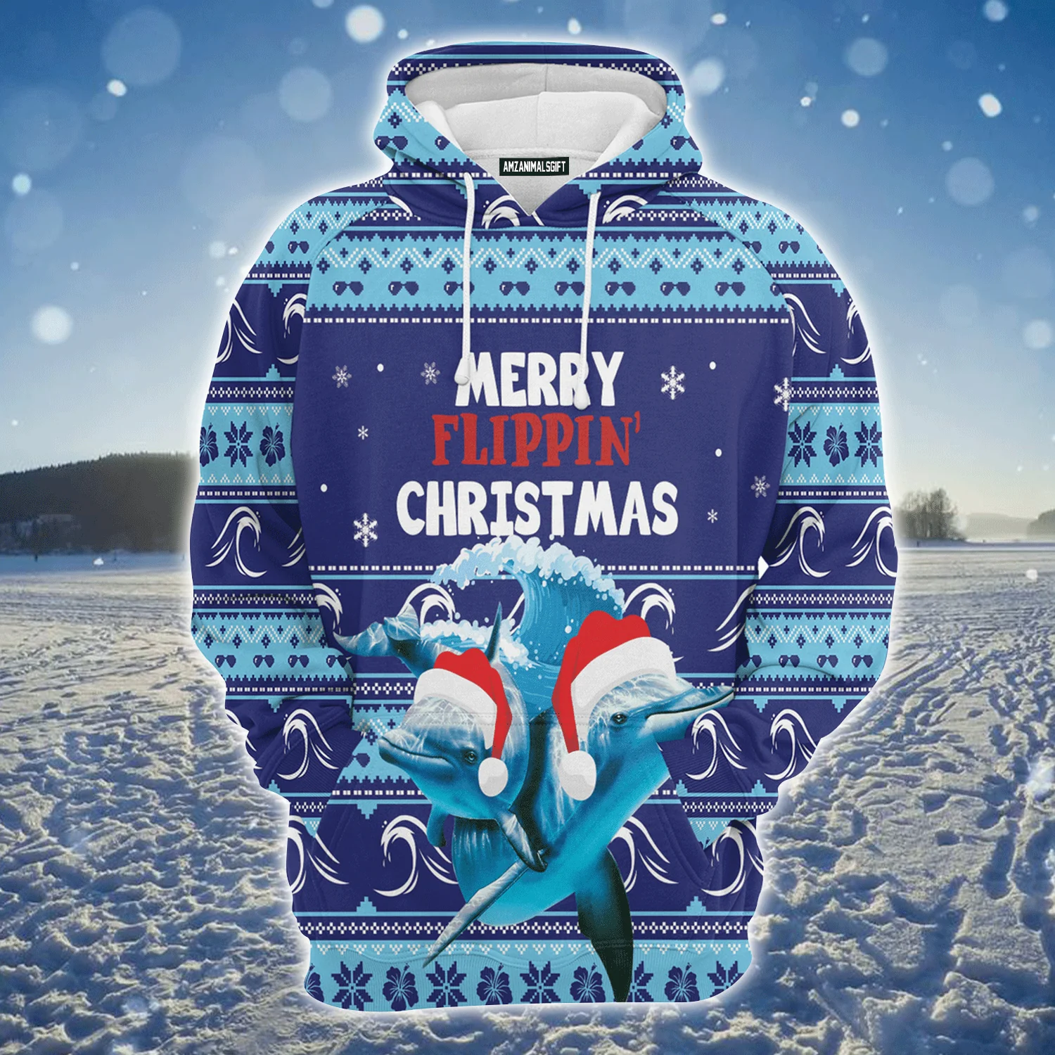 Dolphin Xmas Premium Christmas Hoodie, Merry Flippin Christmas Unisex Hoodie For Men & Women - Perfect Gift For Christmas, Dolphin Lovers - Image 2